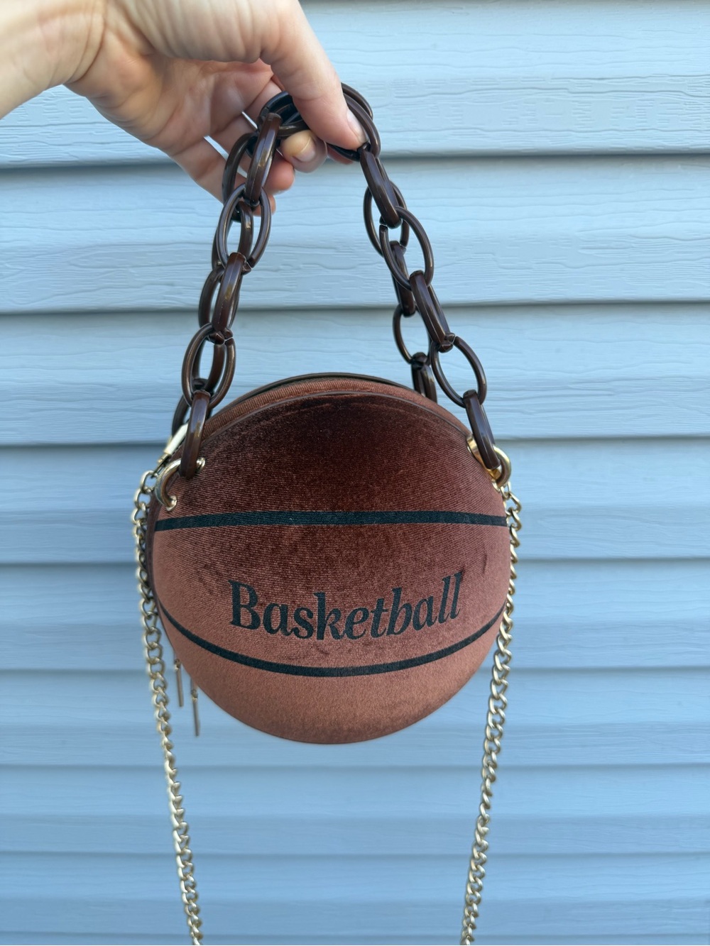 Basketball Shaped Novelty Purse Brown Velvet Chain Strap Crossbody Bag